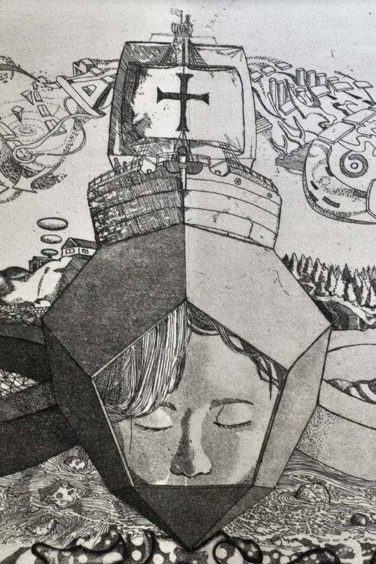 An ink drawing of a sailing ship’s hull turning into a geometric head with closed eyes, surrounded by smaller vessels and densely patterned waves.