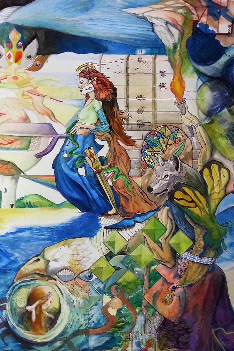 A watercolour tableau of a red-haired woman in blue robes beside a wolf, with green crystals, a raised torch and soft pastel skies.
