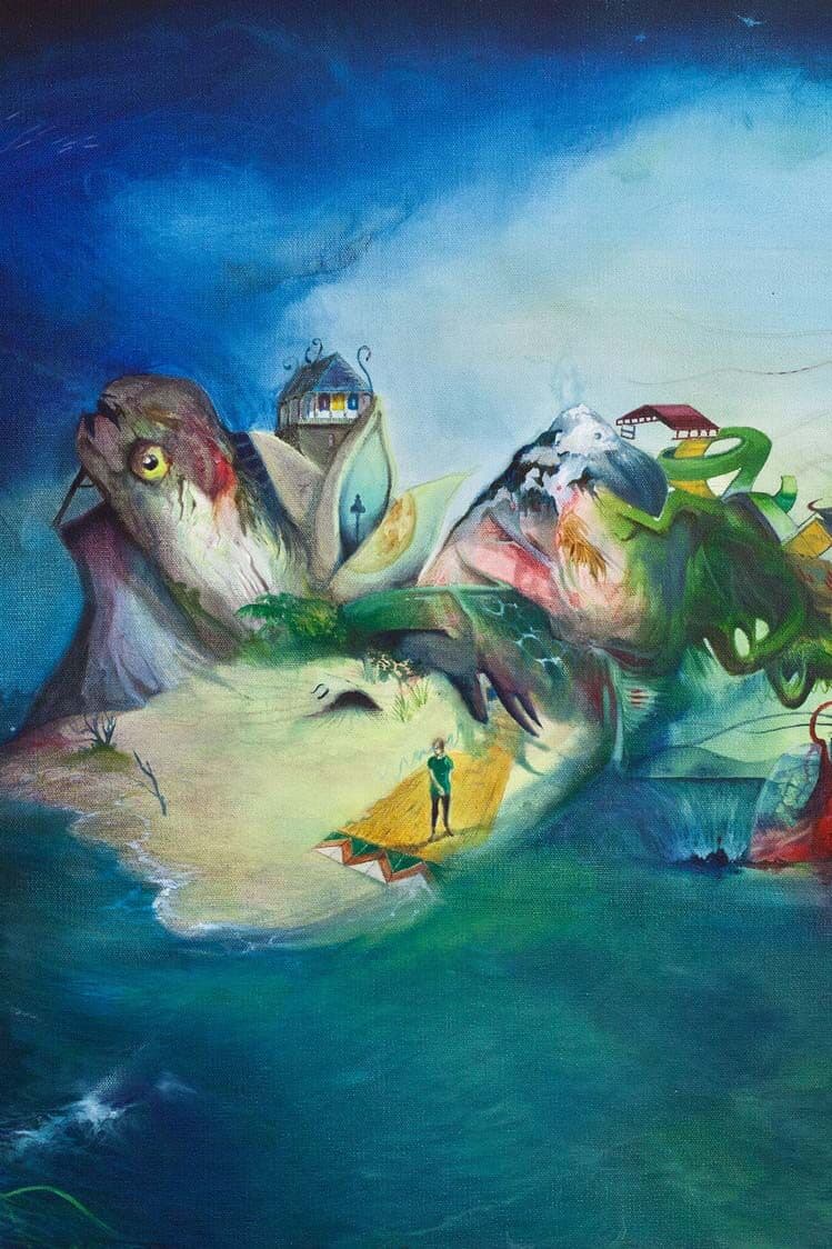 A small figure stands on a yellow raft before a fish-headed island of houses and peaks, painted in deep sea blues and greens.