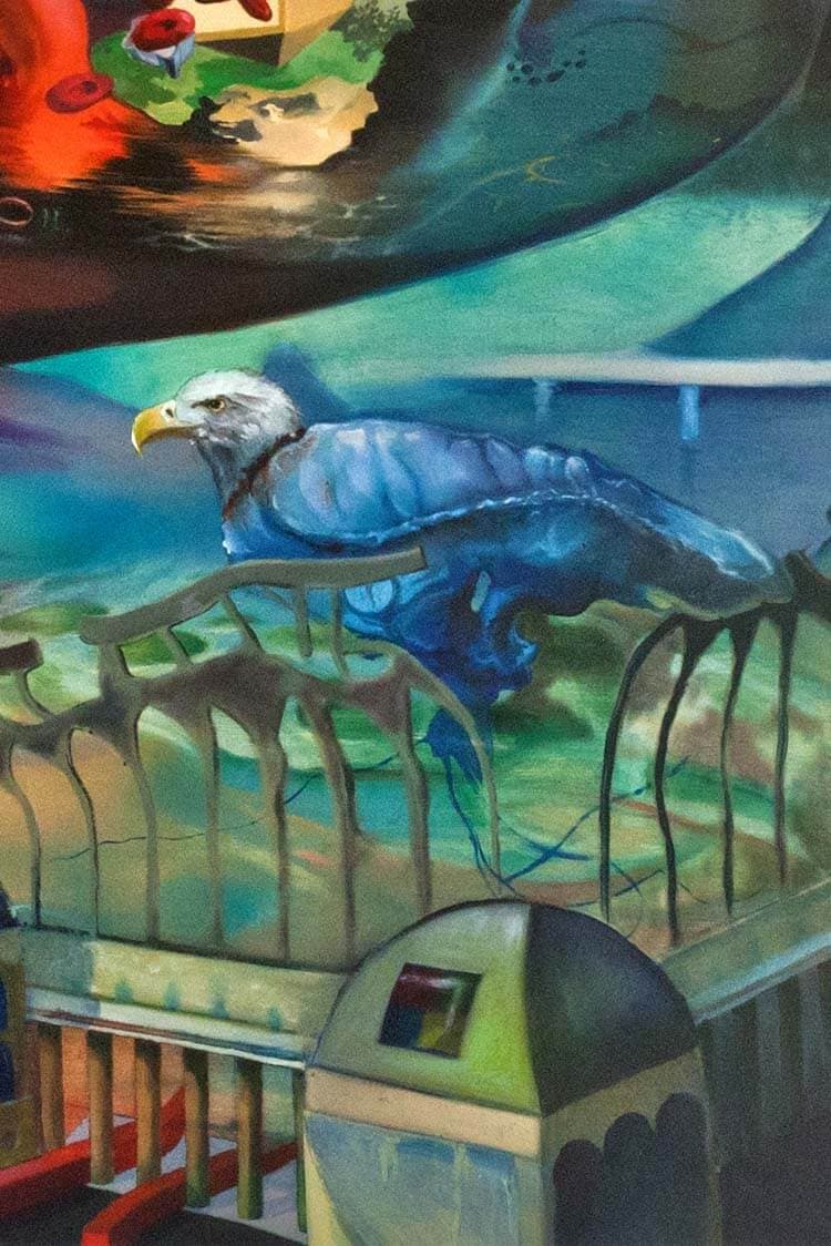A surreal oil painting of a blue eagle gliding over arched structures and a domed building, in green and turquoise light beneath a red bloom.
