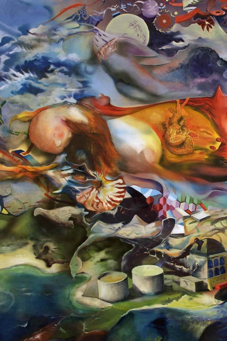 A vivid oil painting of tumbling figures, a nautilus shell, a moon, waves and stacked architecture, rendered in rich oranges, blues and greens.