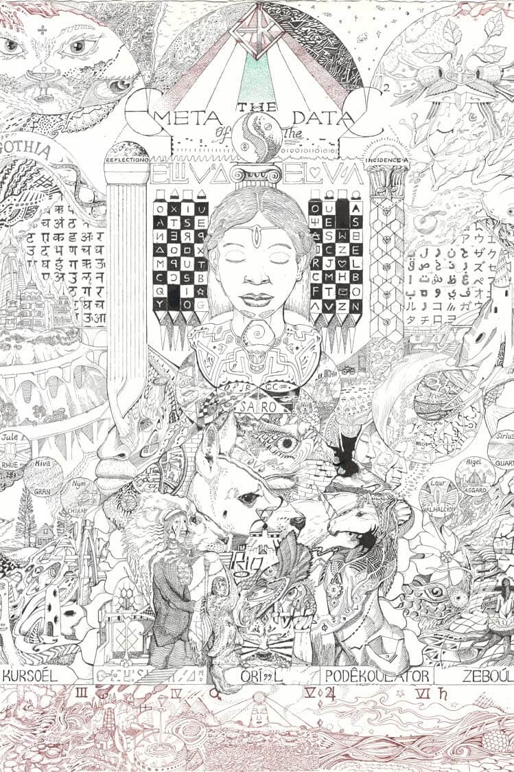A dense black ink drawing centred on a serene face between lettered grids, surrounded by animals, figures, scripts and symbols in an intricate mind map.