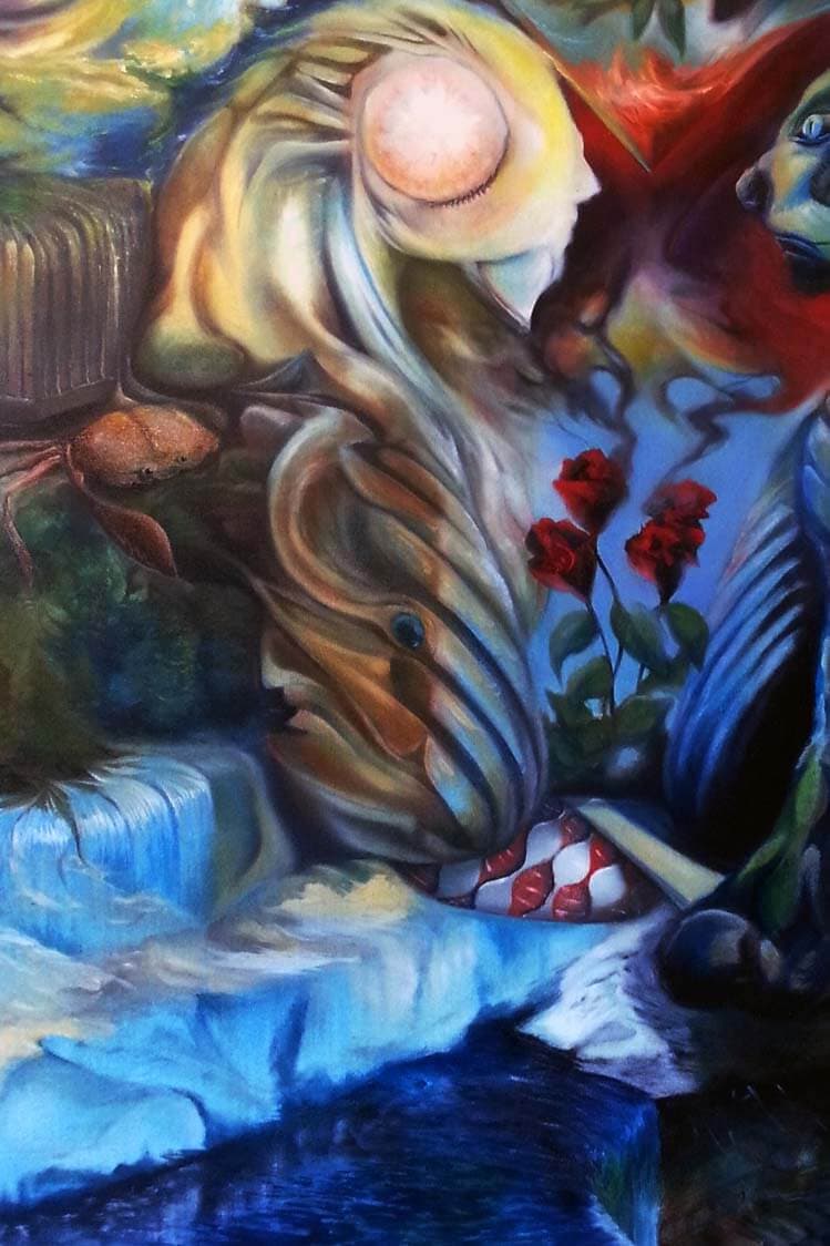 A freestyle painting of flowing figures in ochre, blue and white, with a pale moon-like face and three red roses at its centre.
