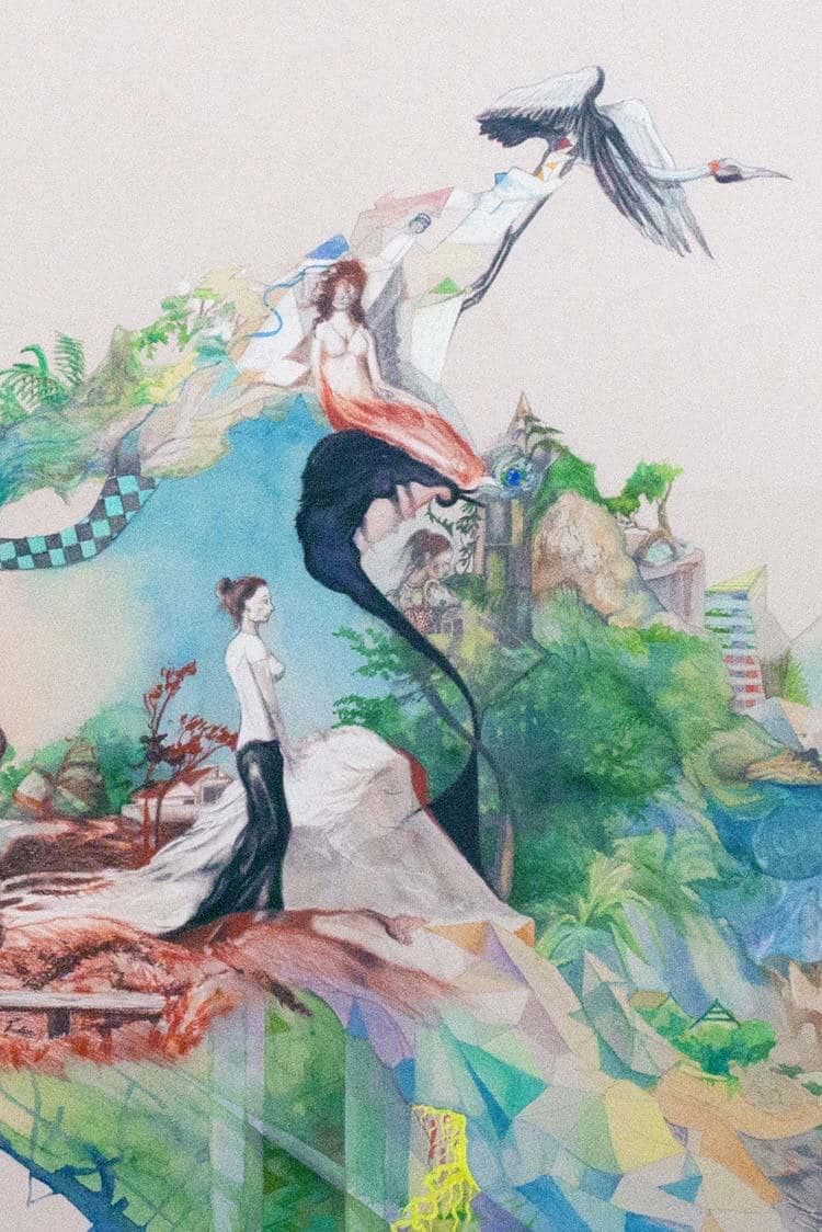 A pale mixed media scene of two women among faceted, colourful terrain and ferns, with a long-necked bird in flight above them.
