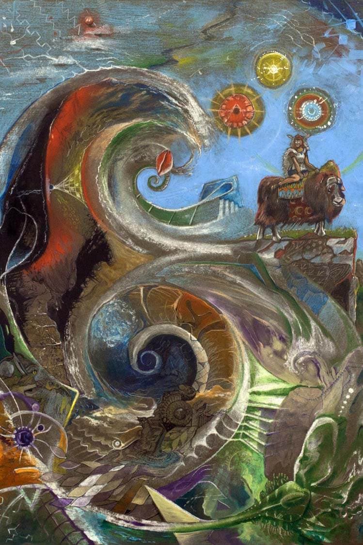 A swirling wave curls through this mixed media piece, carrying a rider on a woolly ox beneath three glowing mandala suns.