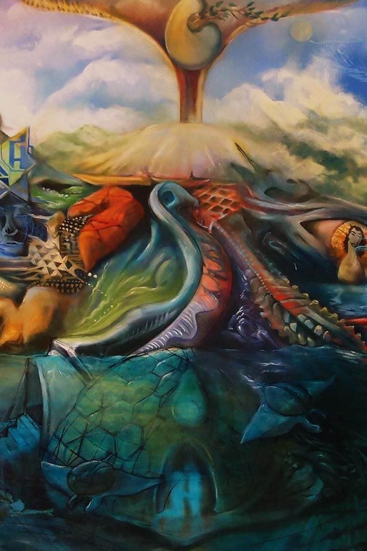 A surreal oil painting of vast reclining forms in dark water beneath a mushroom-shaped eruption and bright sky, layered with scales, feathers and a turtle shell.