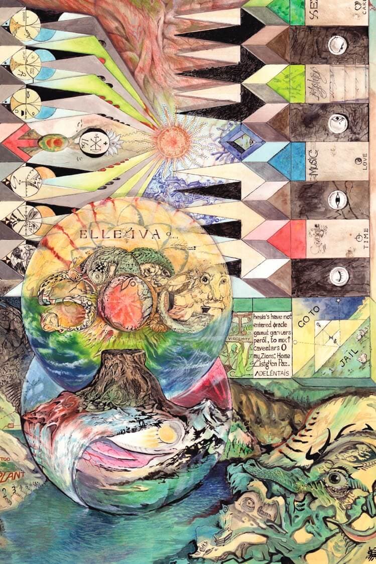 Ink and watercolour panels of zigzags, dials and lettering frame a central sphere of fruit and creatures above a shell and a volcano-like mound.