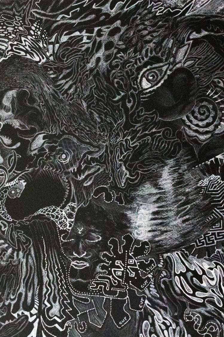 Fine white line work on black: an eye, spirals and textured shapes resolve into a calm face near the lower centre.