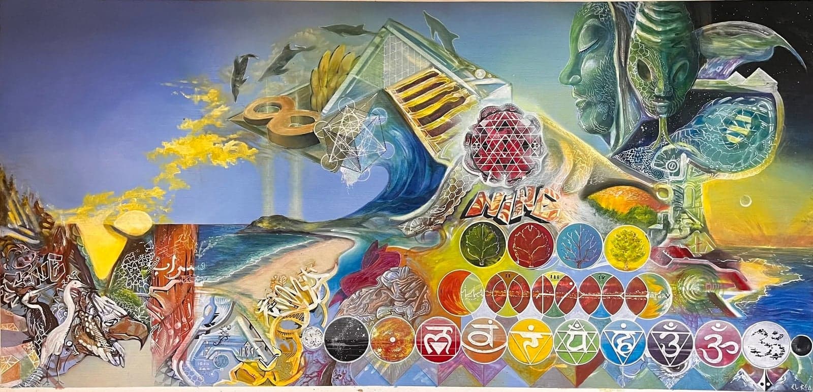 A long panel that reads left to right, from a morning sky over the coast to a starfield at the far edge. Birds of prey and herons crowd the left-hand shore, a wave curls under a crystalline pyramid, dolphins leap overhead, and serene green faces look out from the right. Across the lower half run rows of discs: a tree through the four seasons, the phases of the moon, and the seven chakra symbols climbing to Om, set above a line of mountain peaks.
