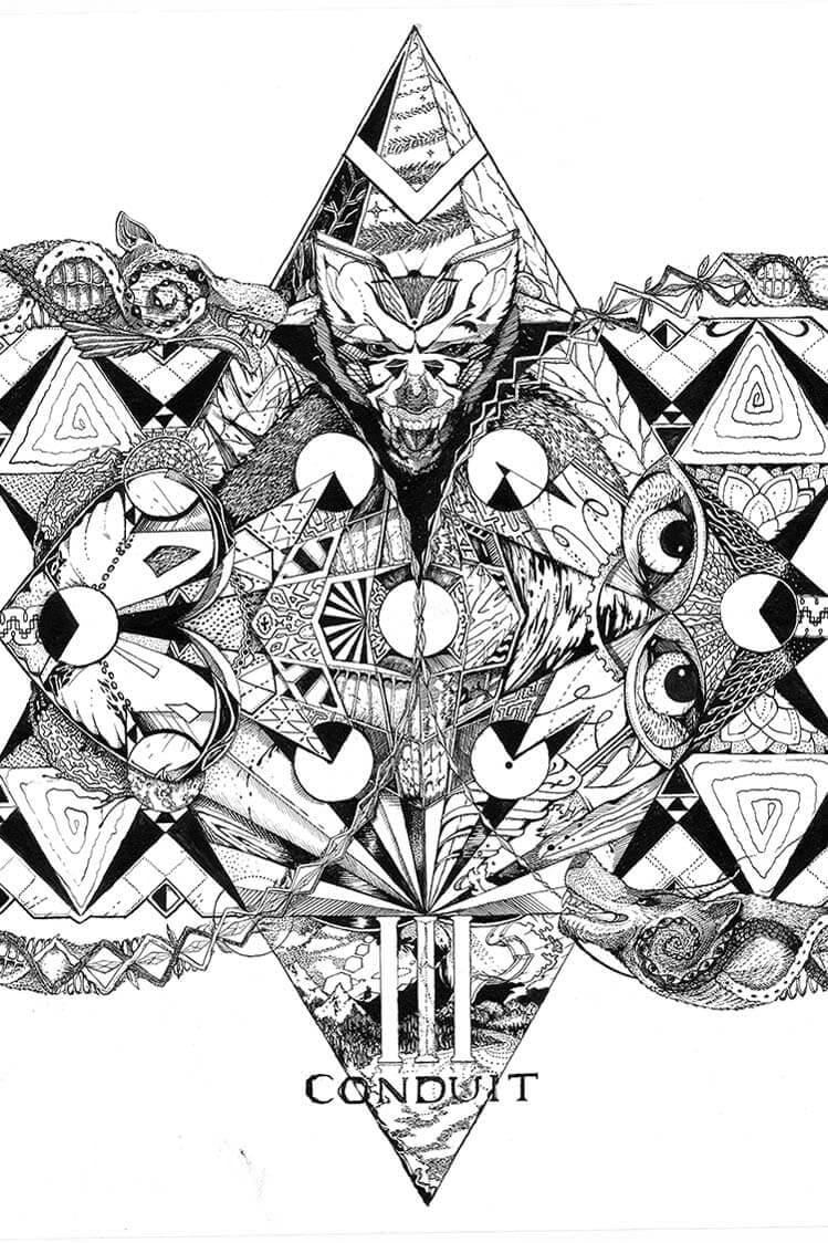 A symmetrical black and white ink design of a wolf’s face within a star of triangles, eyes and geometric pattern, lettered Conduit at the base. Made as album art.