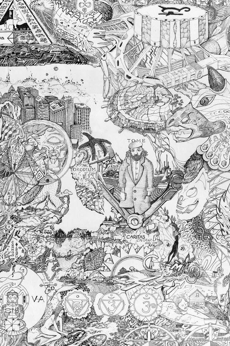 A sprawling one-take ink map of cities, faces, machines and symbols, with a bearded figure at its centre and chakra-like circles along the base.