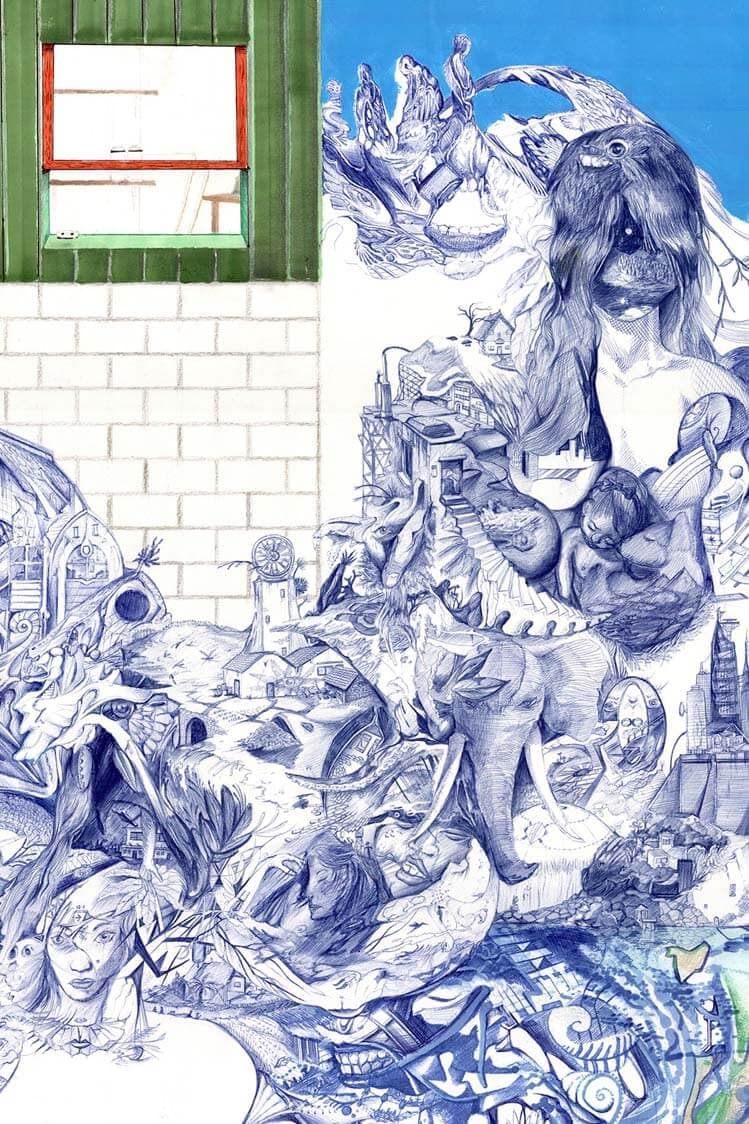 Blue biro drawing pours down the page in animals, faces and buildings beside a painted green window and a white brick wall.