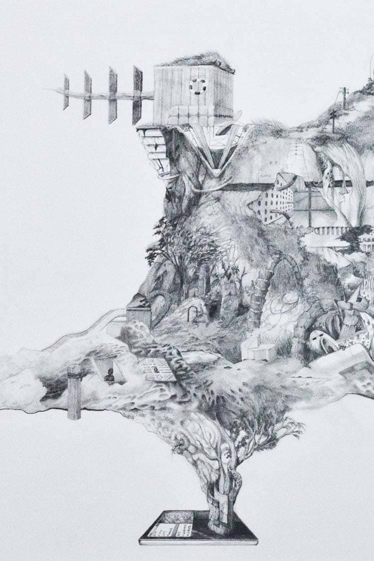 A pencil drawing of a wharf, trees and houses stacked into a floating island that tapers down to a single tree standing on a small platform.