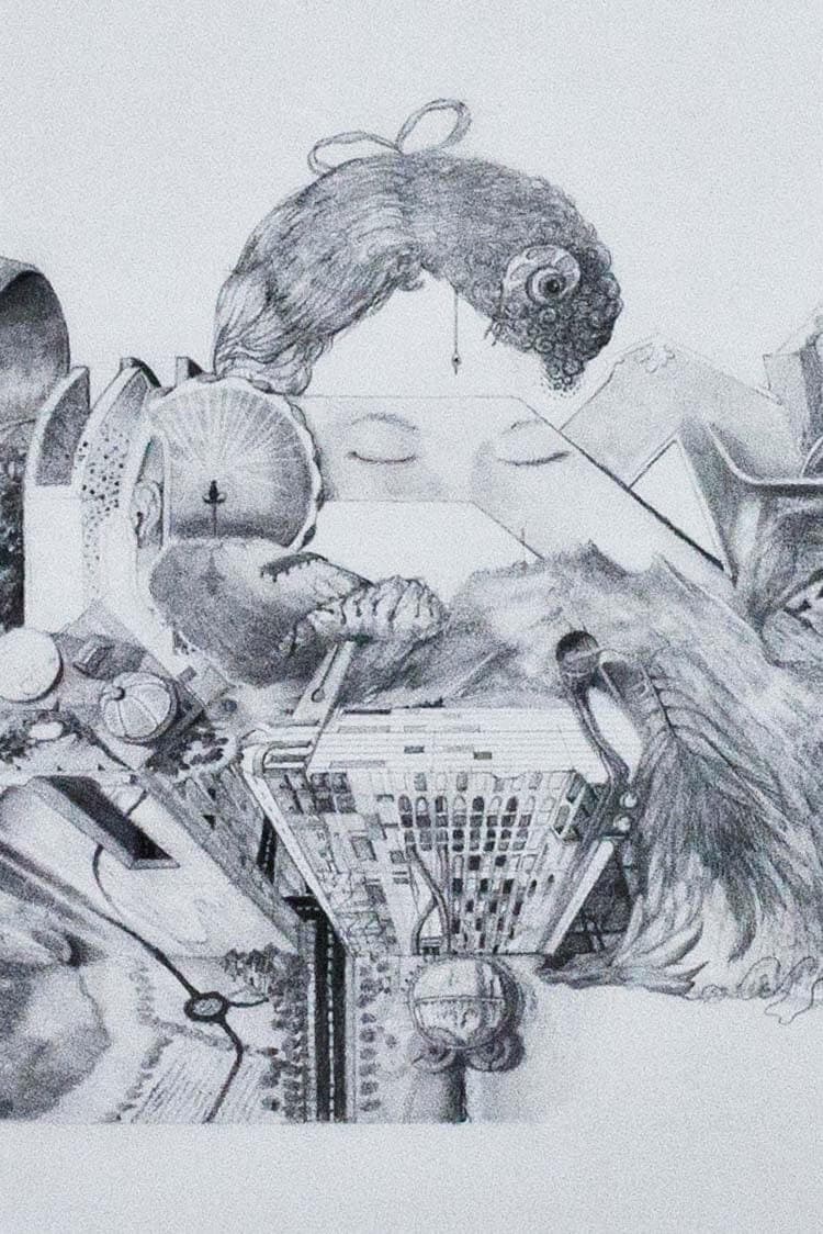 A pencil drawing in which a closed-eyed face, a seated figure, a high-rise tower and a coiled creature fold into one impossible perspective.