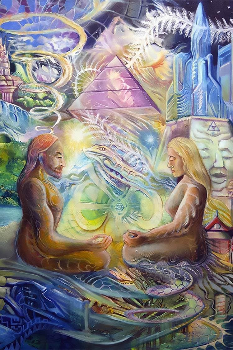 Album art for the Impermanence EP: two meditating figures face each other around a burst of light, with a pyramid, crystal towers and swirling spirits behind.