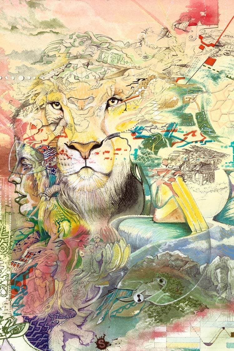 A lion’s face emerges from a dense collage of pen drawing and watercolour washes on Awagami paper, surrounded by faces, mountains and map-like fragments.