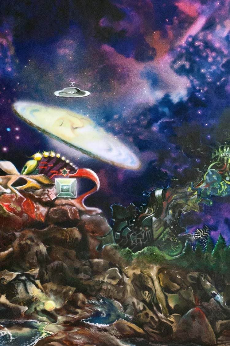A cosmic oil painting of a spiral galaxy and flying saucer above a rocky, overgrown landscape, with a glowing cube resting on the rocks.