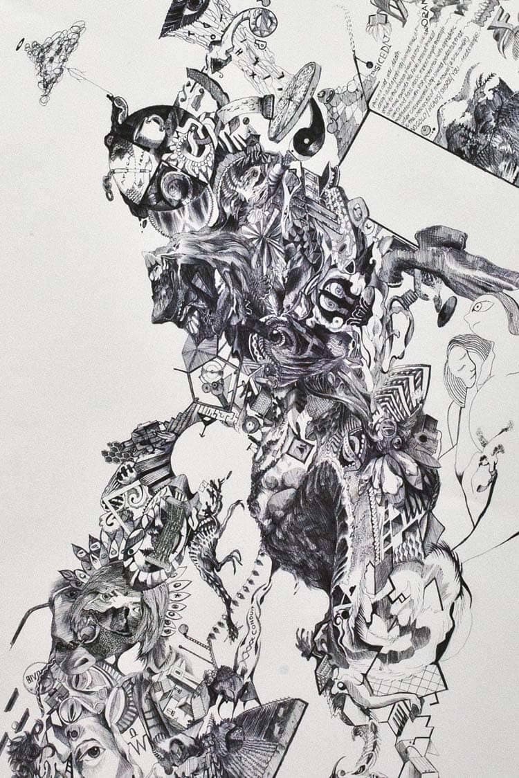 A freestyle biro drawing that grows a towering figure out of tangled patterns, faces, buildings and symbols, spreading across a mostly bare white sheet.