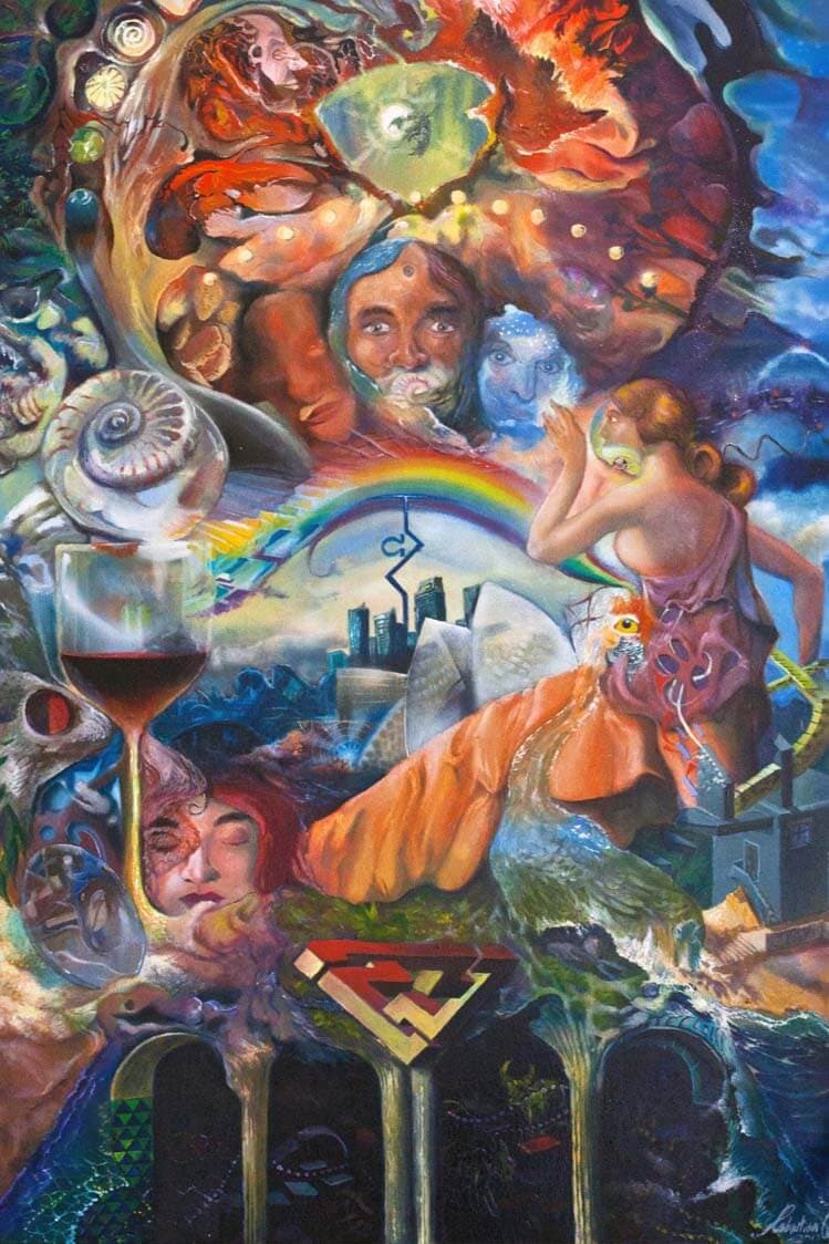 A crowded psychedelic oil painting of faces, a rainbow, a nautilus shell, a glass of red wine and a city skyline, flowing down into dark arches.